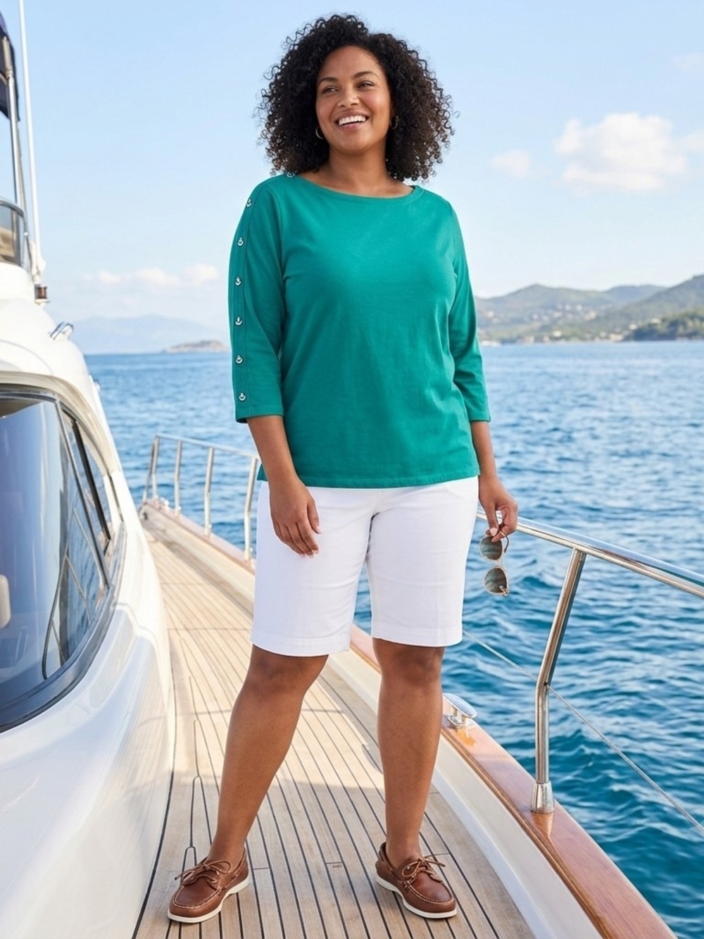 Talbots Green 3/4 Sleeve Top with Anchor Button-Detail Sleeves Size 1X
